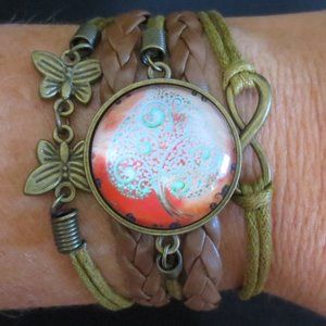 New World Glass Bracelet Colorful Tree of Life Cabochon Brass Leather Unisex 7"
